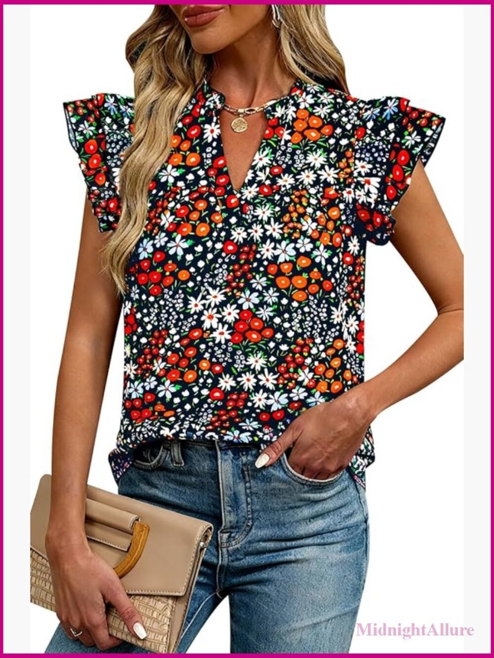 Floral V Neck Ruffle Short Sleeve Boho Blouse Dressy Casual